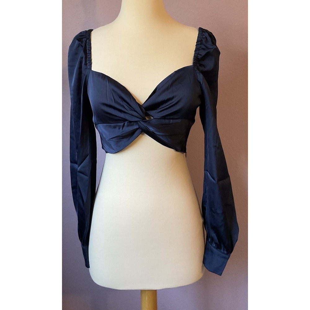 Edit By Nine Blue Satin Long‎ Sleeve Crop Top Size Small New